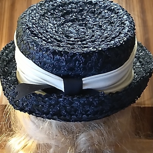 Vintage womans black cream hat union made in USA Kentucky Derby main image 5